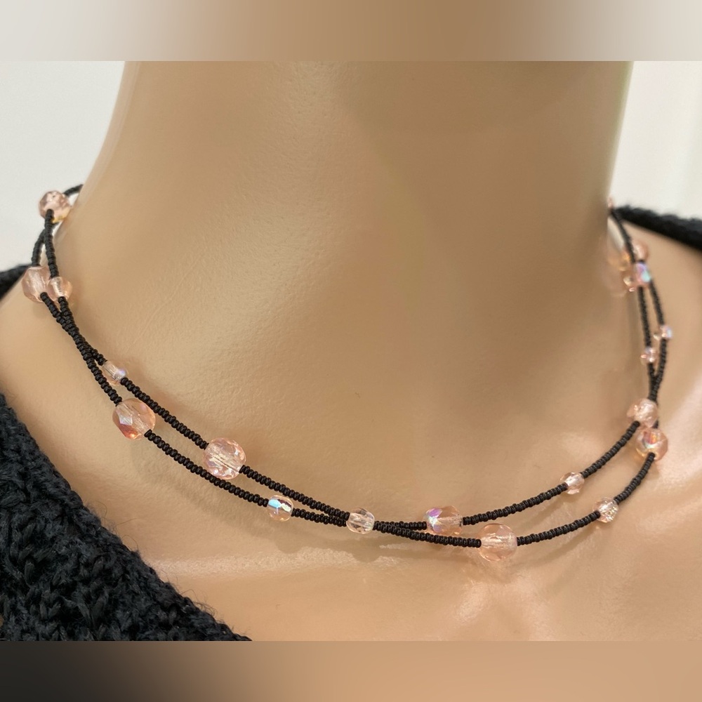 Express Black and Pink Beaded Adjustable Necklace, Double Strand
